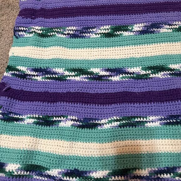 Handmade Afghan Crochet Blanket Teal Purple White 82"x 69" Southwest Aztec Queen - Picture 3 of 7